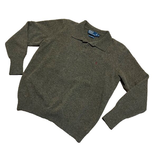 Ralph Lauren Sweater Men Lambs Wool Long Sleeve Polo Pony Olive Top XLT